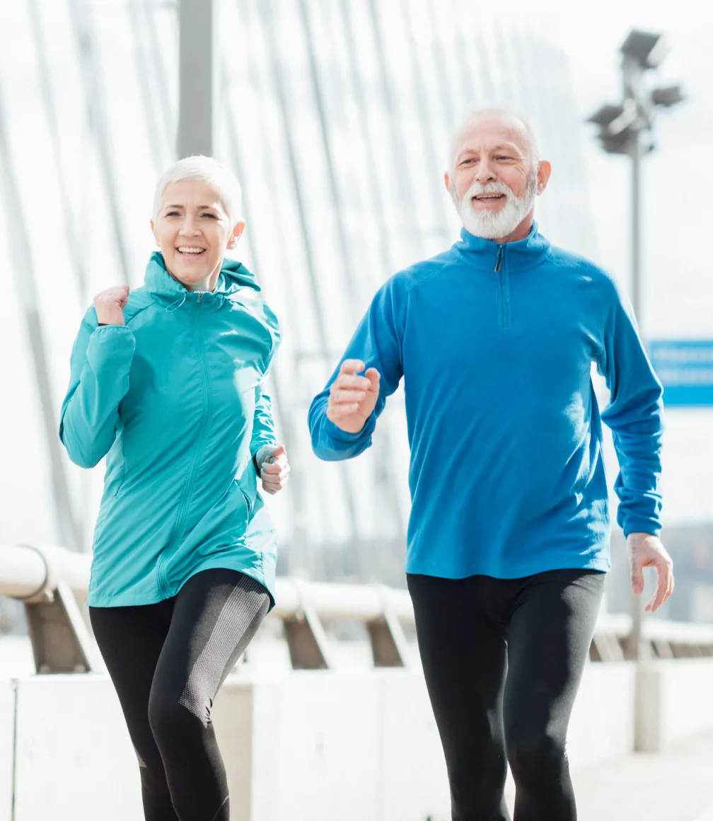 Active older couple jogging representing brand adult care products, highlighting Amazon revenue growth