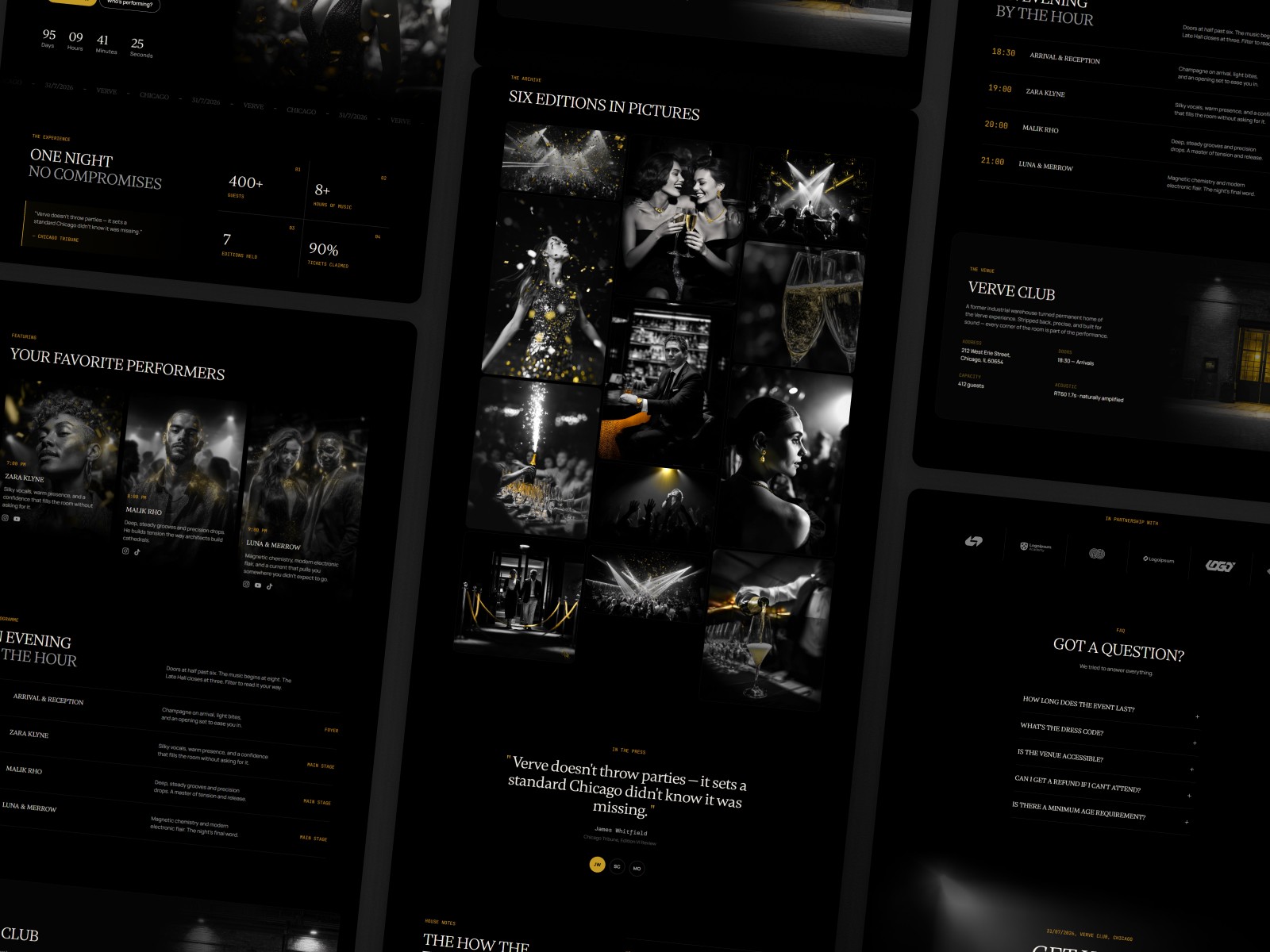 Vervee template gallery archive — masonry photo grid with black and white gold editorial aesthetic
