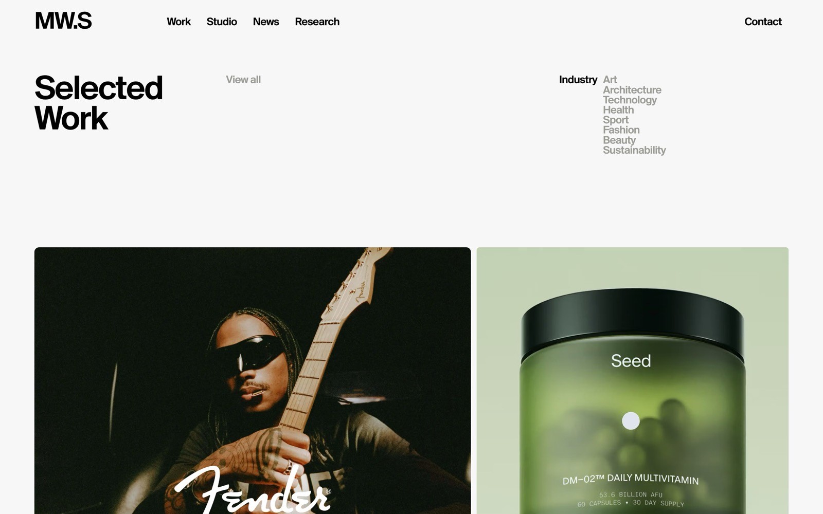 Dark-haired person playing a guitar labeled "Fender"; adjacent image of a green Seed vitamin container on a light green background.