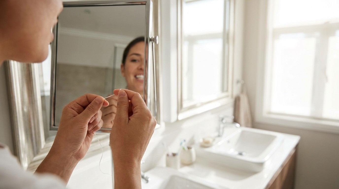 A person flossing between their teeth to remove odor-causing bacteria a toothbrush cannot reach.