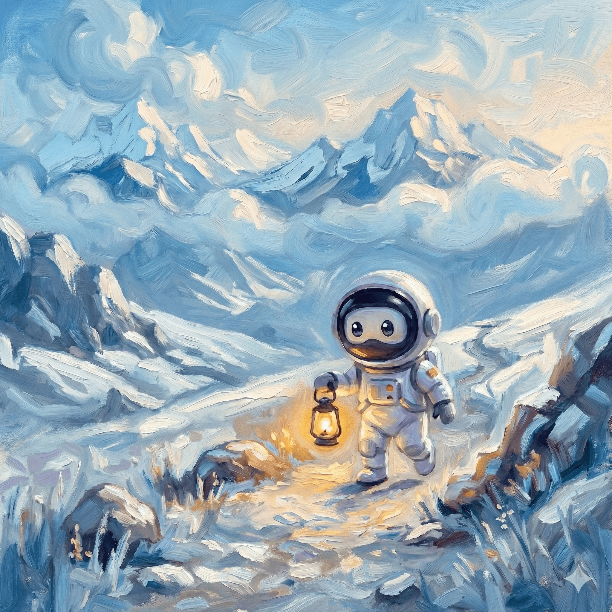 Illustration of an astronaut navigating a snowy landscape with a lantern, symbolizing teams navigating AI without shared guidance.