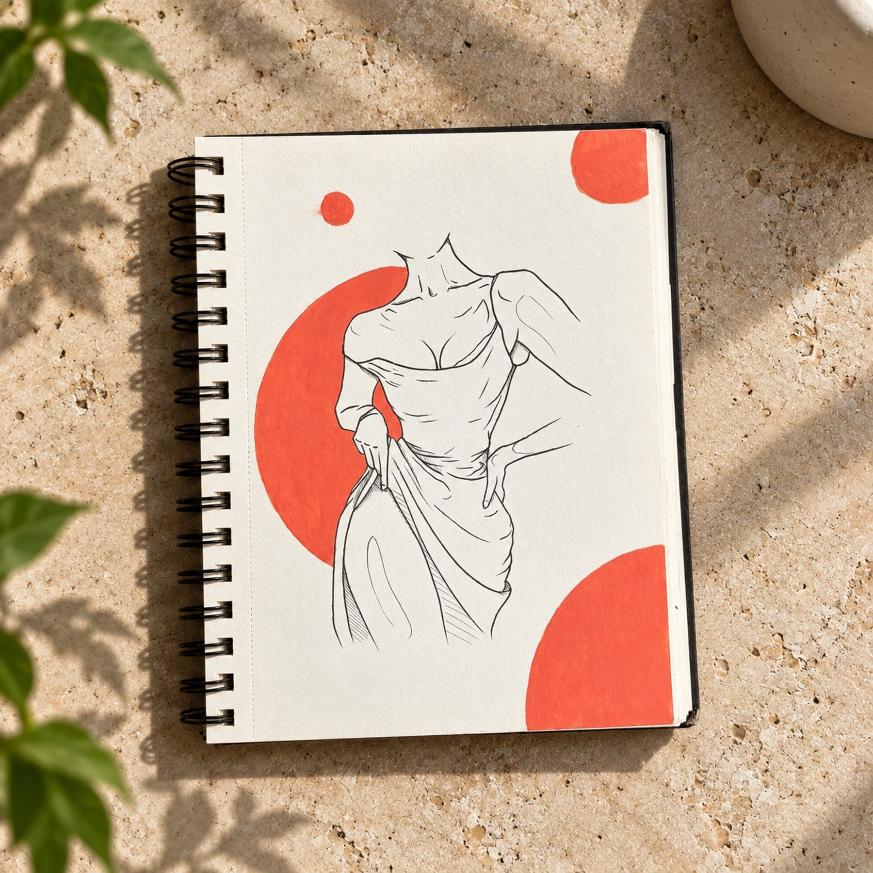 Line drawing of a headless figure in a draped dress with red geometric accents.