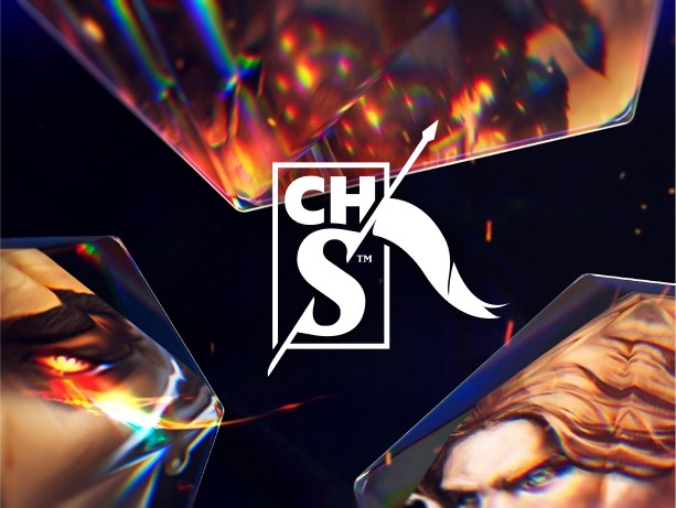 Logo of a company or organization with artistically arranged images in the background, featuring abstract designs.