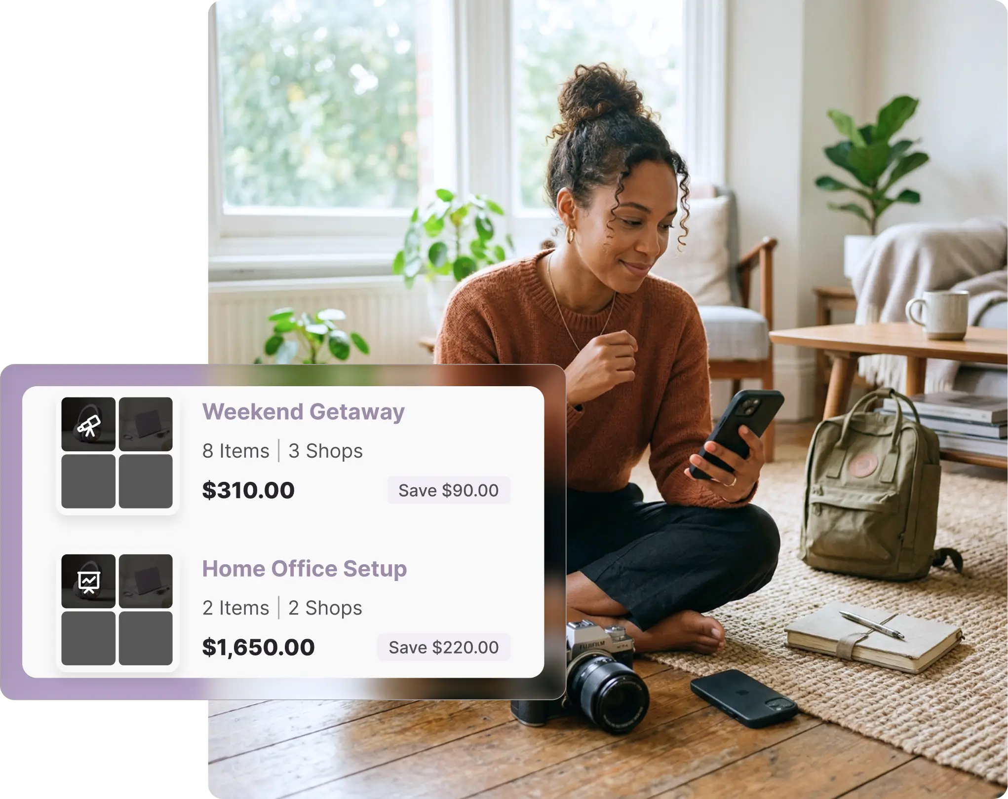 A smiling woman sitting cross-legged on a wooden floor looking at her smartphone, with a camera, notebook, and backpack beside her. The image features a Whisprice digital interface mockup showing how to create and organize a Target wishlist, displaying grouped collections like "Weekend Getaway" and "Home Office Setup" along with item counts, total prices, and calculated savings.