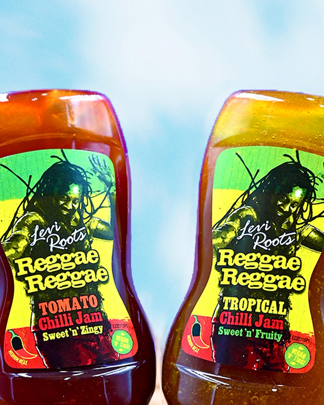 Close up of Levi Roots Chilli Jams bottles