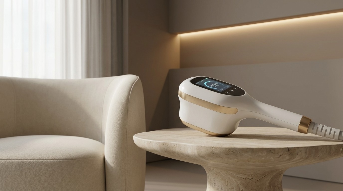 Close-up van een Cryolipolyse machinehandvat (futuristisch wit en glad) of een detail van een EMS-pak. De apparatuur ziet er modern en fris uit. Geplaatst in een kamer met zachte sfeerverlichting en organisch gevormd meubilair. Stijl: Hoogwaardige architectuurfotografie in 8k resolutie, zacht daglicht, minimalistische luxe neutrale kleurenpalet (Beige Taupe Crème Zacht Goud).