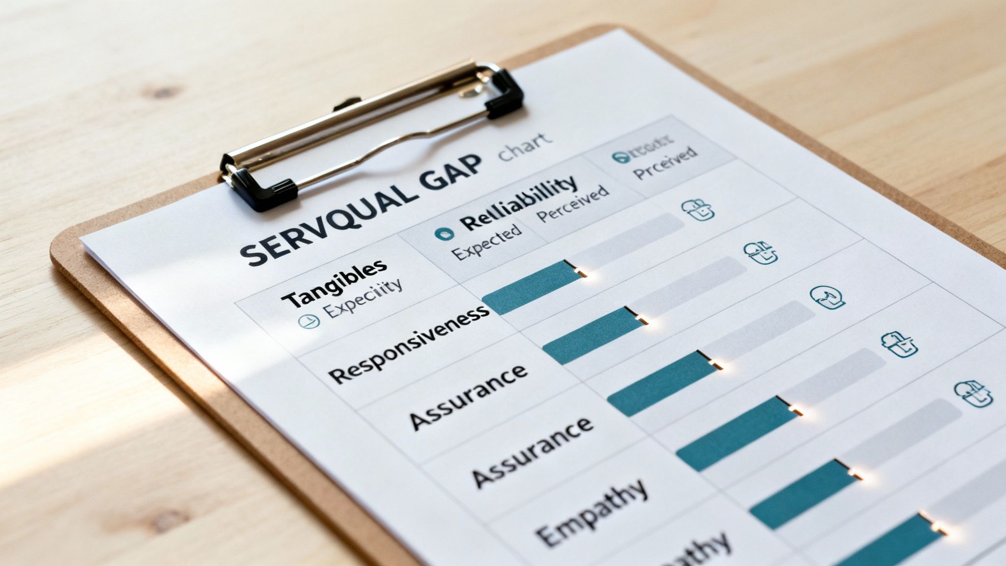 SERVQUAL GAP chart on a clipboard, showing service quality dimensions and performance metrics.