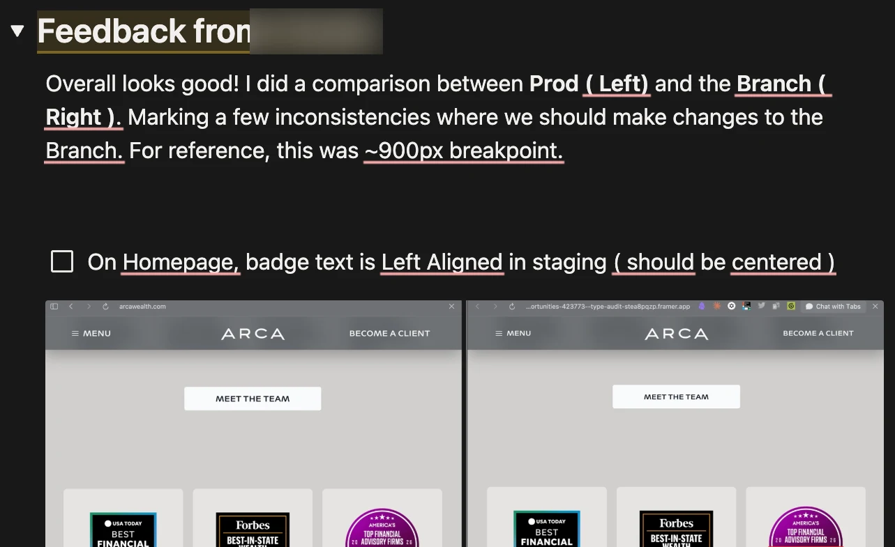 Arca's review of the type branch, production on the left and staging on the right, with each difference logged as a task