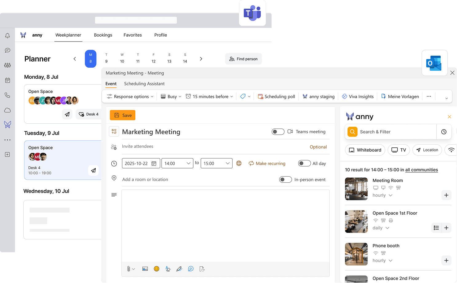 Buchungsansicht aus der Microsoft Teams App und dem Outlook Add-In von anny