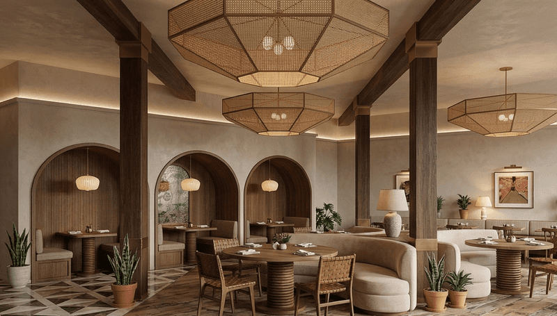 Render de restaurante amplio con lámparas de fibra, reservados en arcos y mobiliario natural