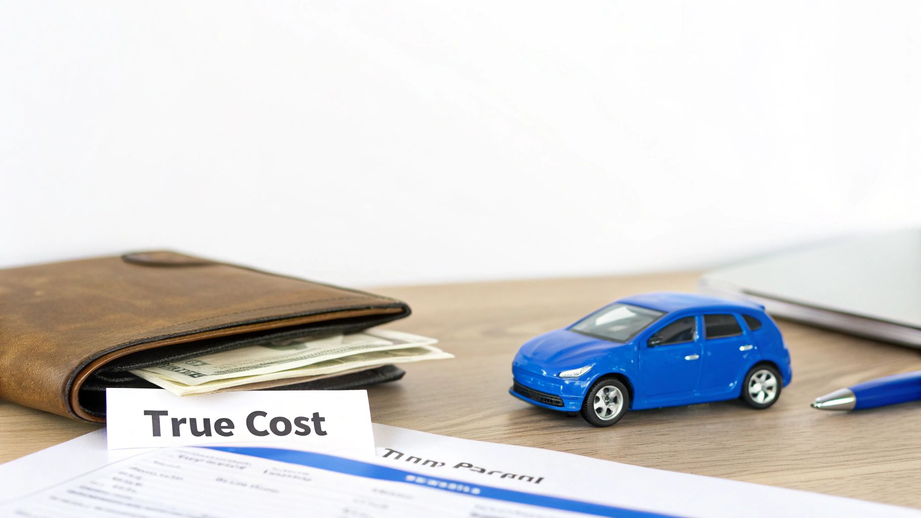 An image displaying the true cost of car ownership with a wallet, money, and a blue toy car.