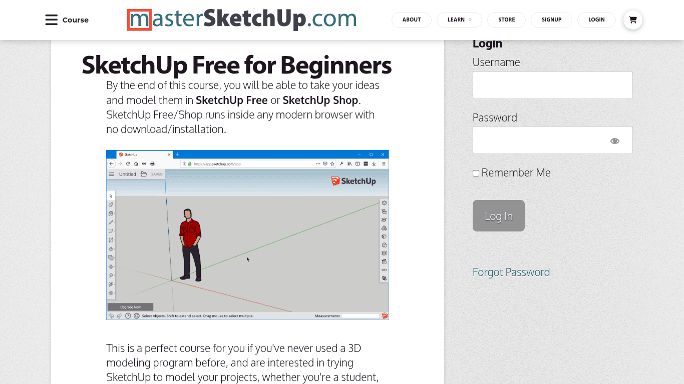 MasterSketchUp Free for Beginners course teaching browser-based SketchUp modeling.