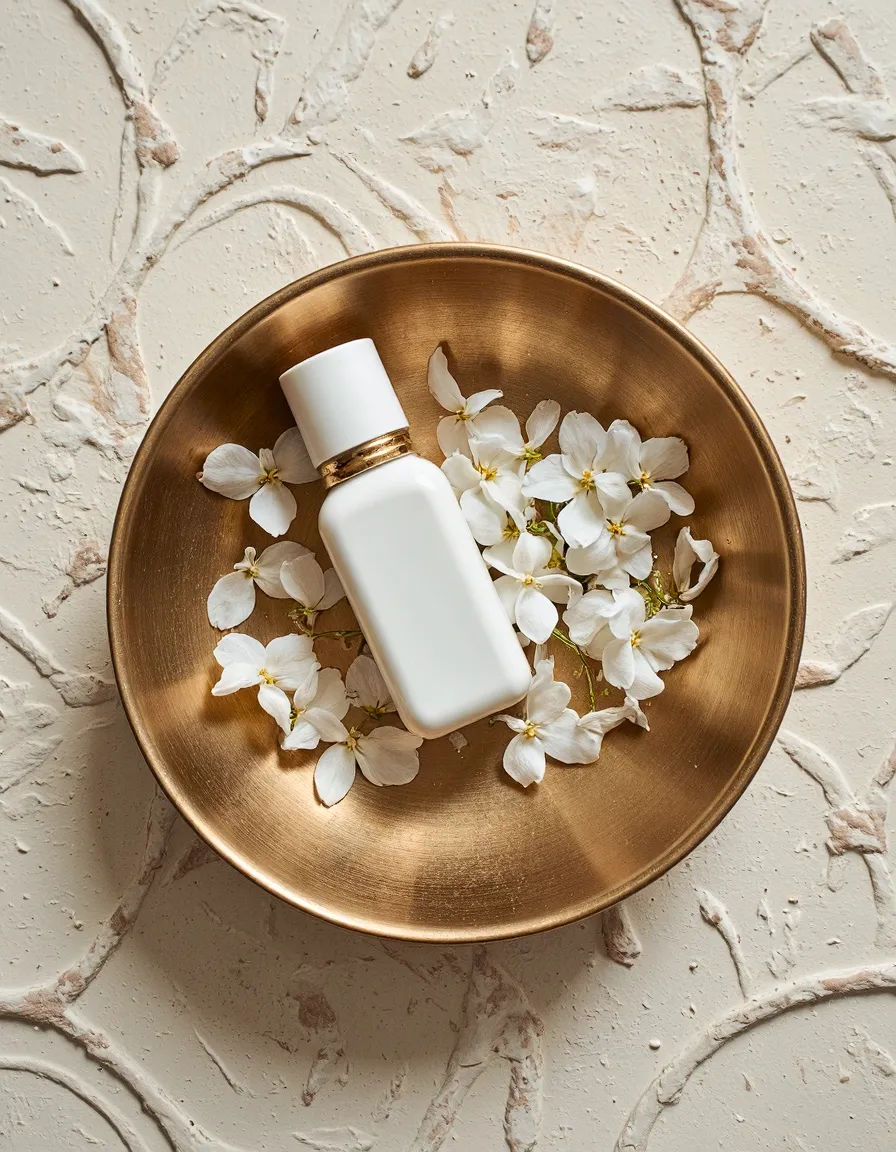 Elegant white beauty product bottle nestled among delicate white flowers in a brushed gold bowl against a textured cream background