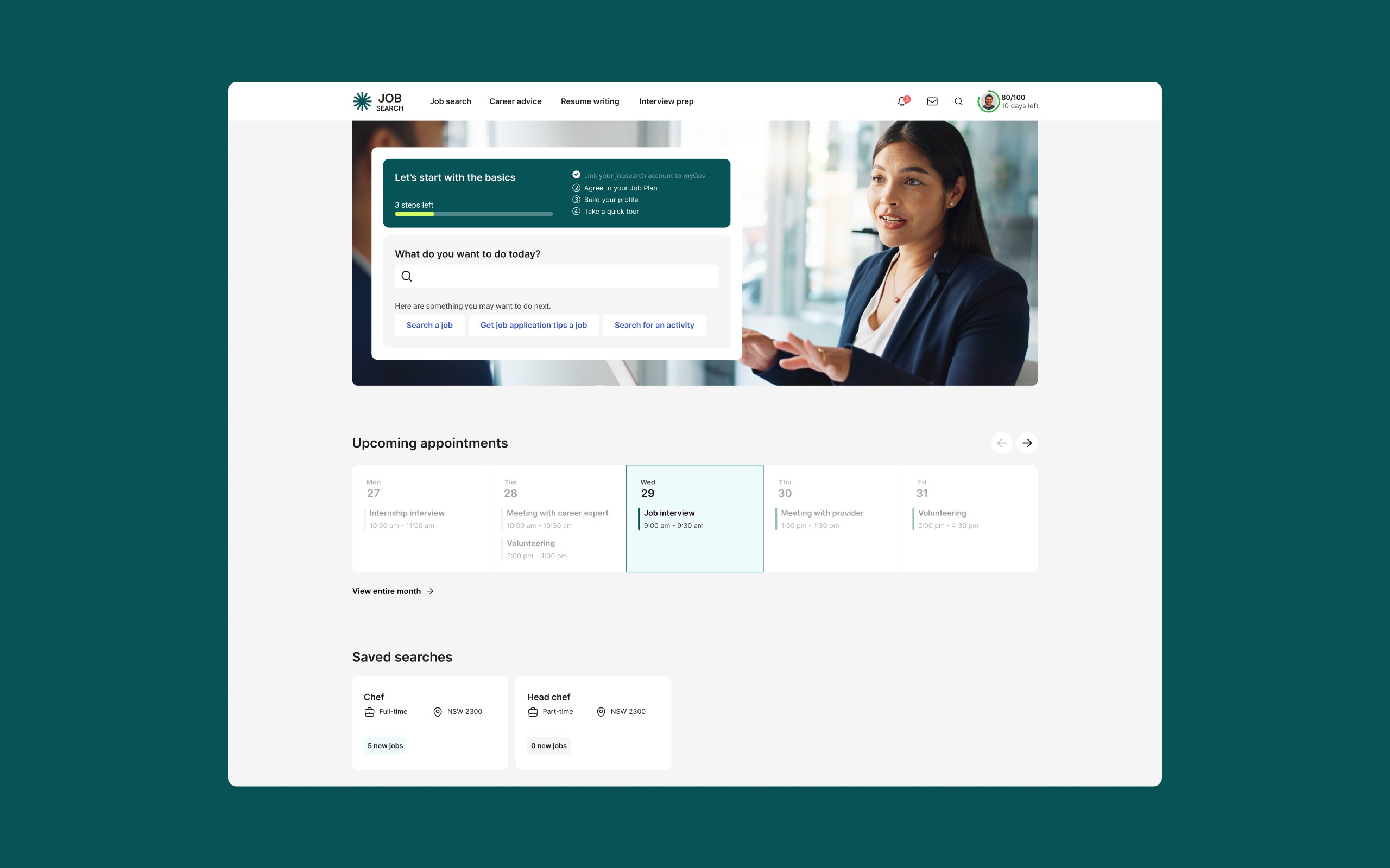 Job seeker dashboard showcasing step-by-step guidance, upcoming appointments, and personalised search preferences.