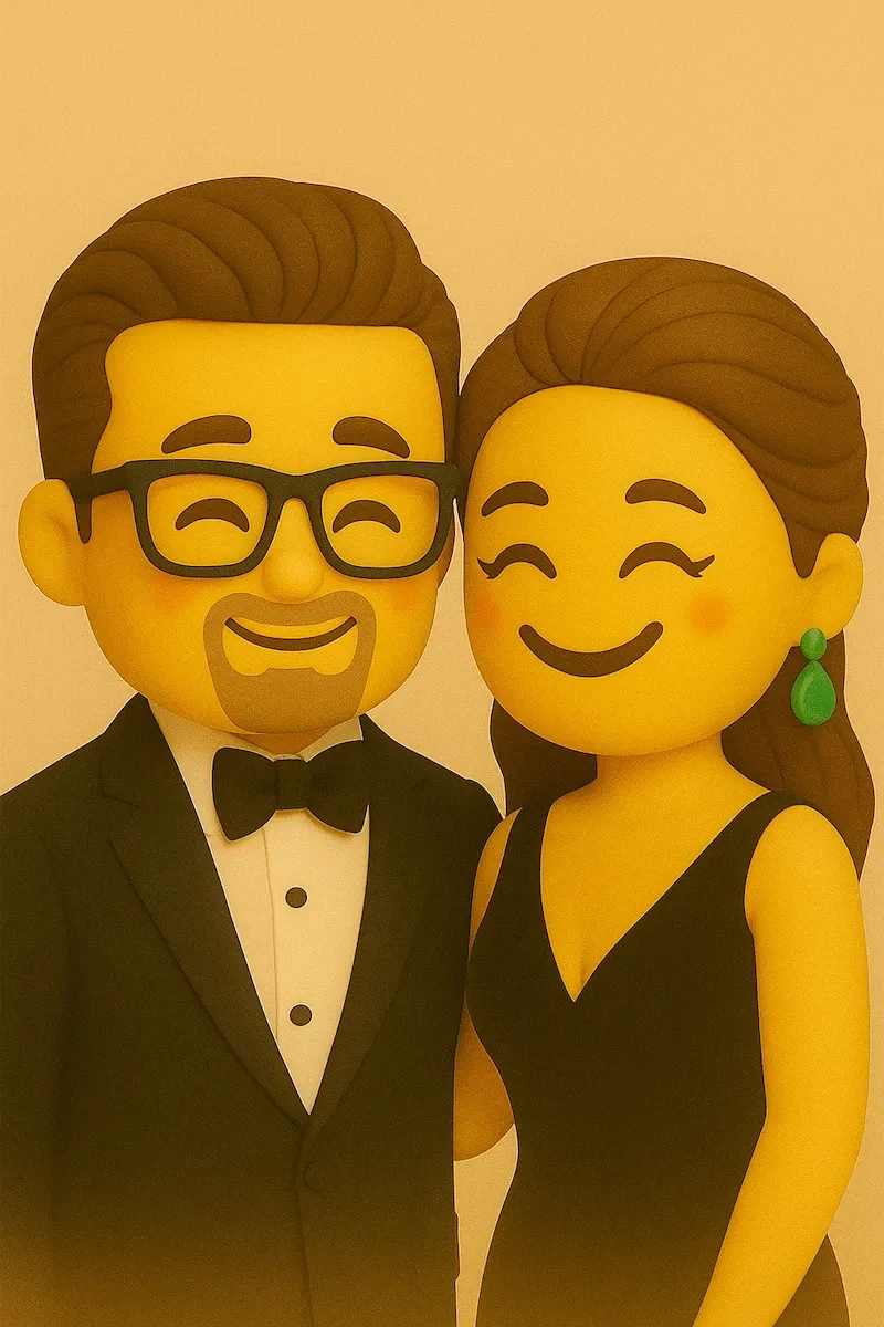 Стилизованные 3D-эмодзи Брэд Питт и Анджелина Джоли в вечерних нарядах, отображение совместимости по биоритмам