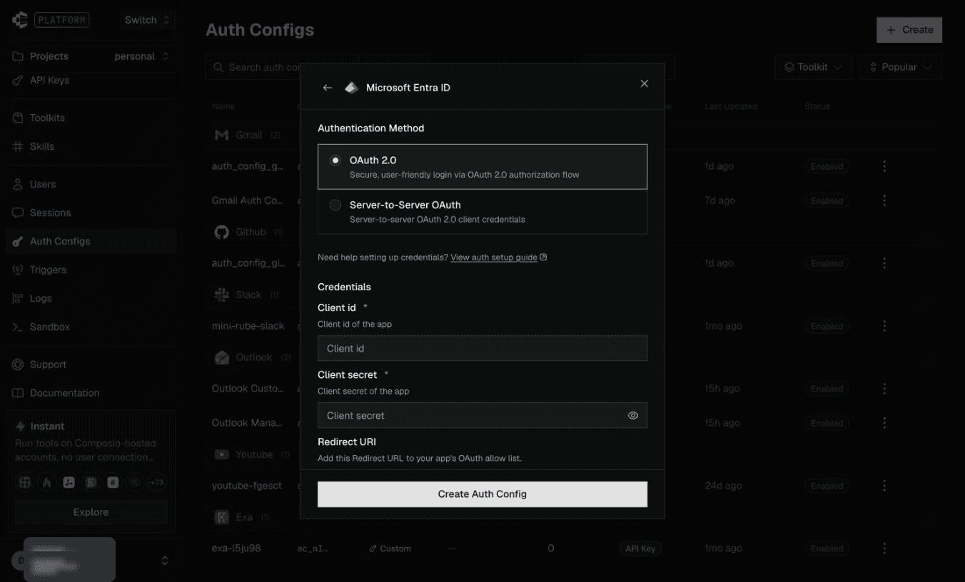 Entra OAuth credential fields