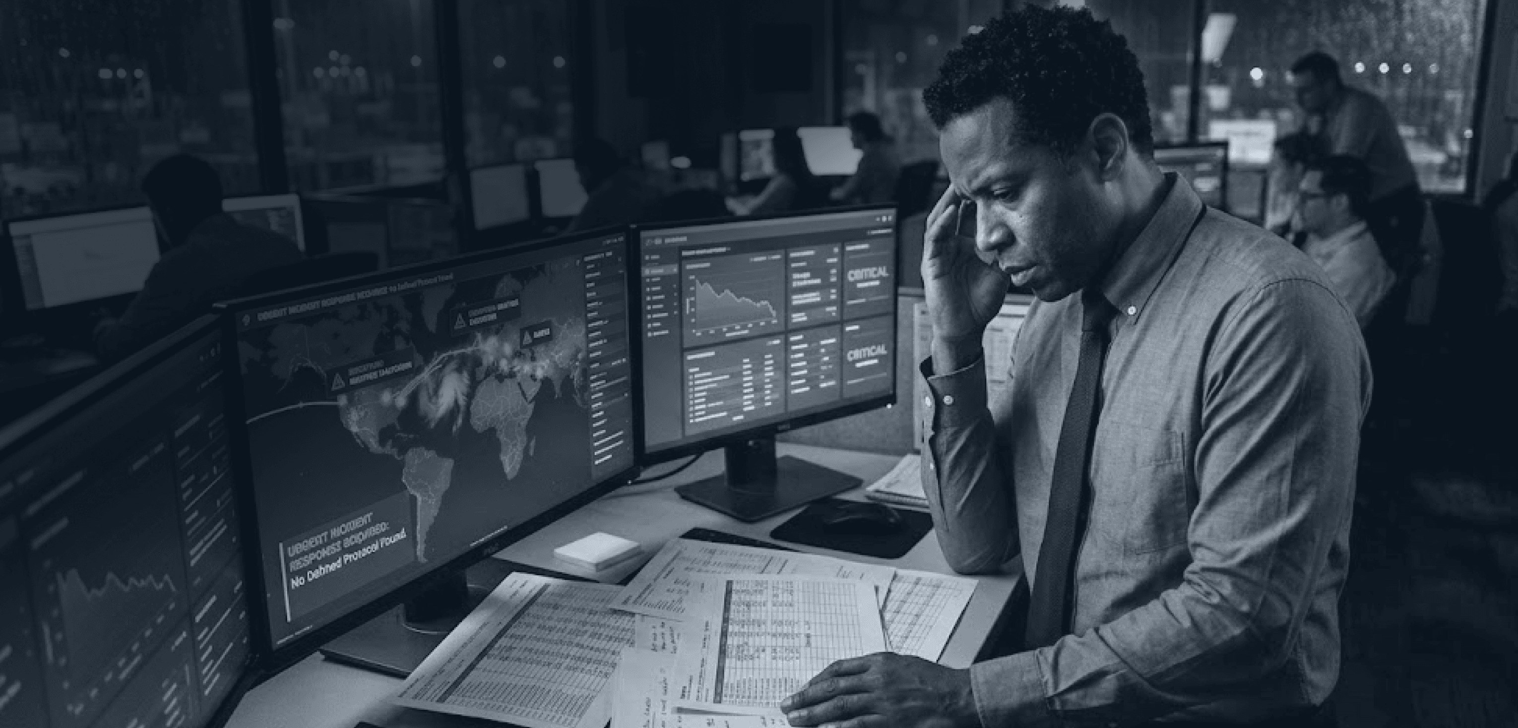Control room team monitoring global high‑value freight dashboards and incident alerts for critical shipments