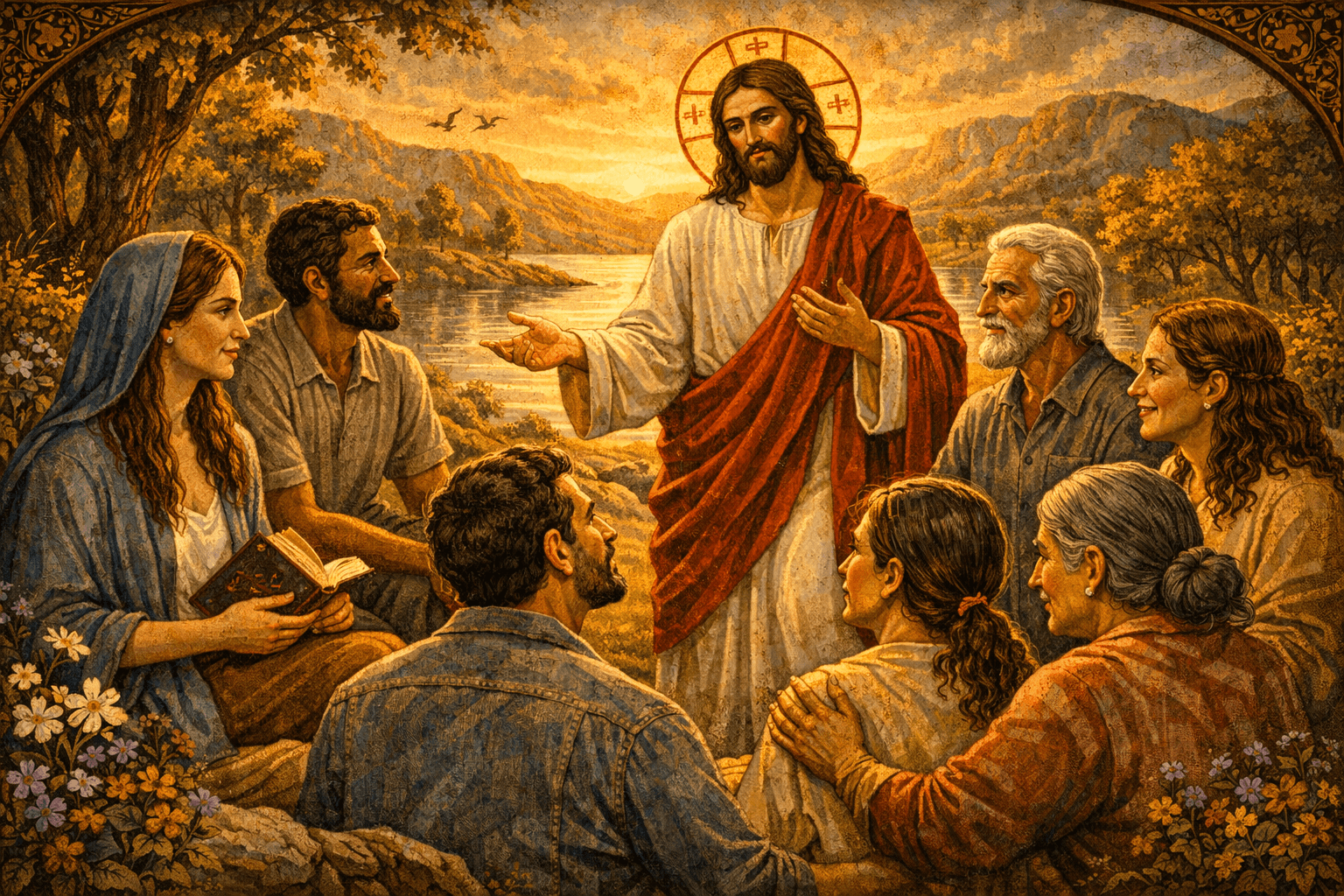 How to share your faith naturally Byzantine Christian image of Jesus teaching a small group in conversation, symbolising evangelism, discipleship, everyday witness and sharing faith through relationships.