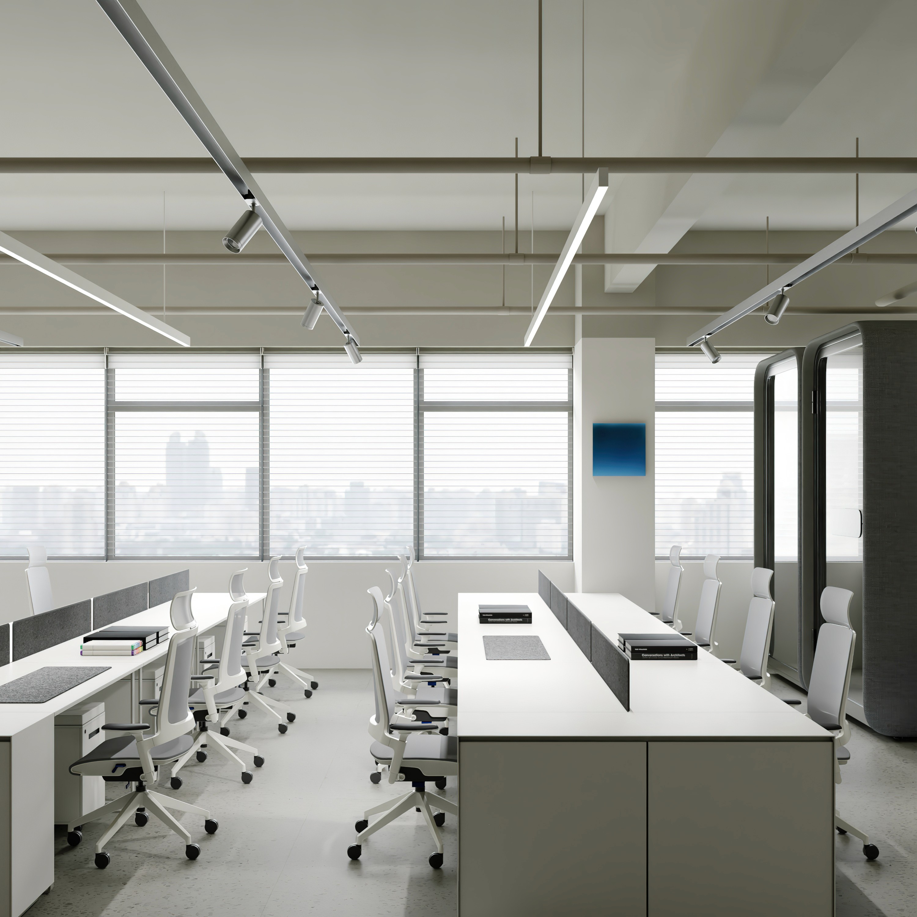 Collaborative corporate workspace design with warm wood flooring and white architectural walls