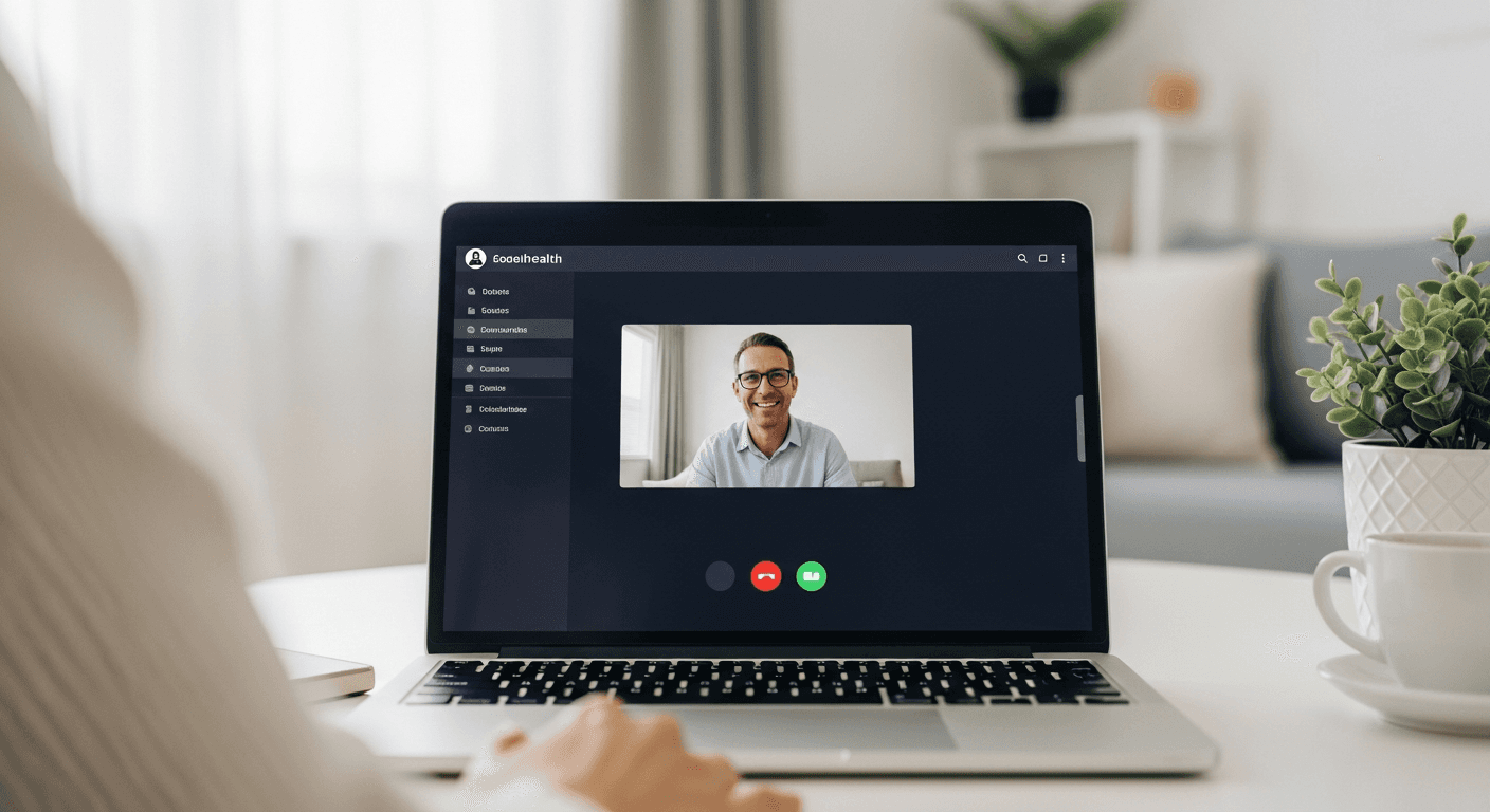 A clean, modern telehealth consultation scene showing a laptop or tablet screen with a video call interface, viewed from a patient's perspective in a calm home environment. The scene should convey professionalism and accessibility, with soft natural lighting and a minimalist aesthetic. Focus on the technology and comfortable setting that makes virtual psychiatric care accessible.