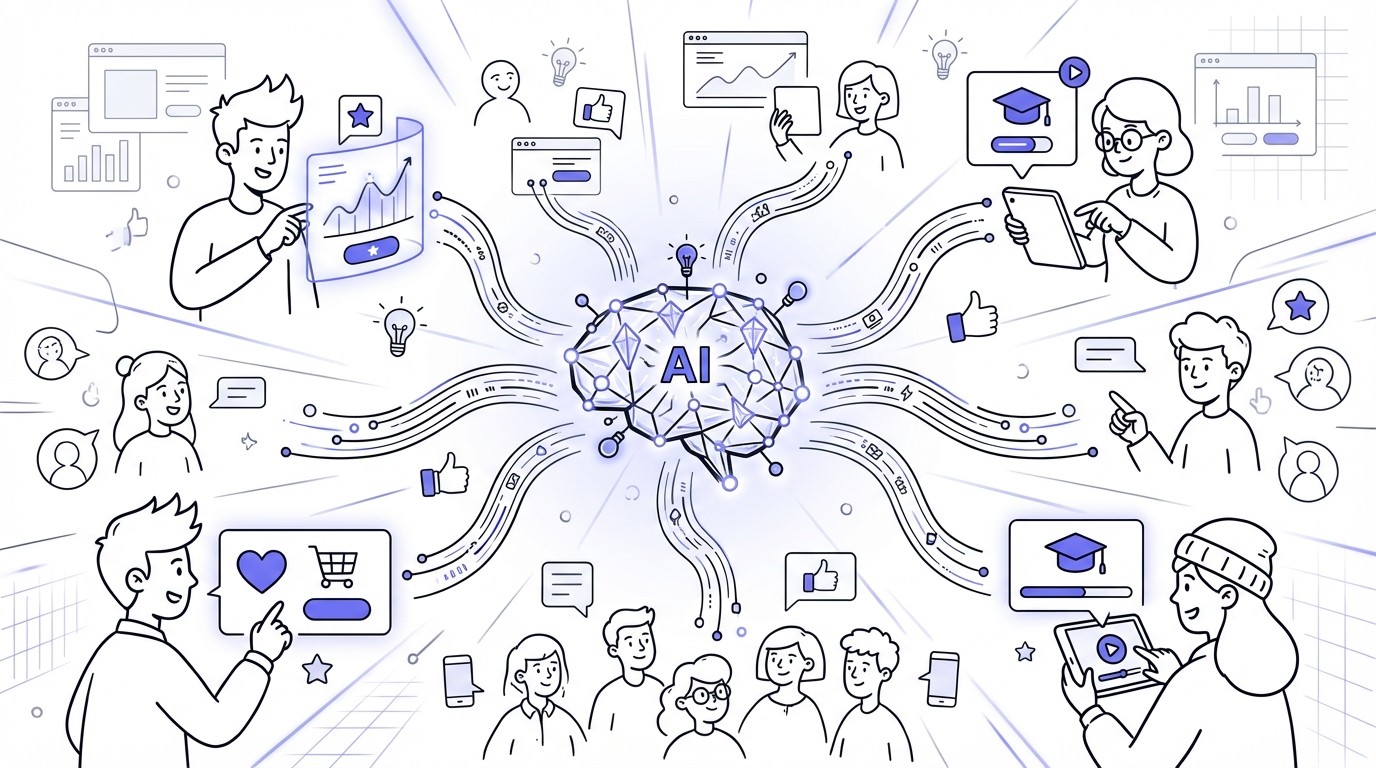 Illustration of a central, glowing AI system radiating numerous distinct, personalized data streams to a vast array of diverse individuals, each receiving a unique tailored experience, demonstrating hyper-personalization at scale.