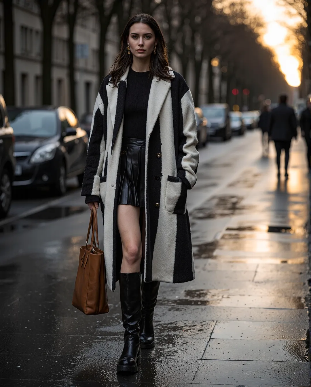 Woman in black and white striped coat with leather skirt walking on urban street at sunset