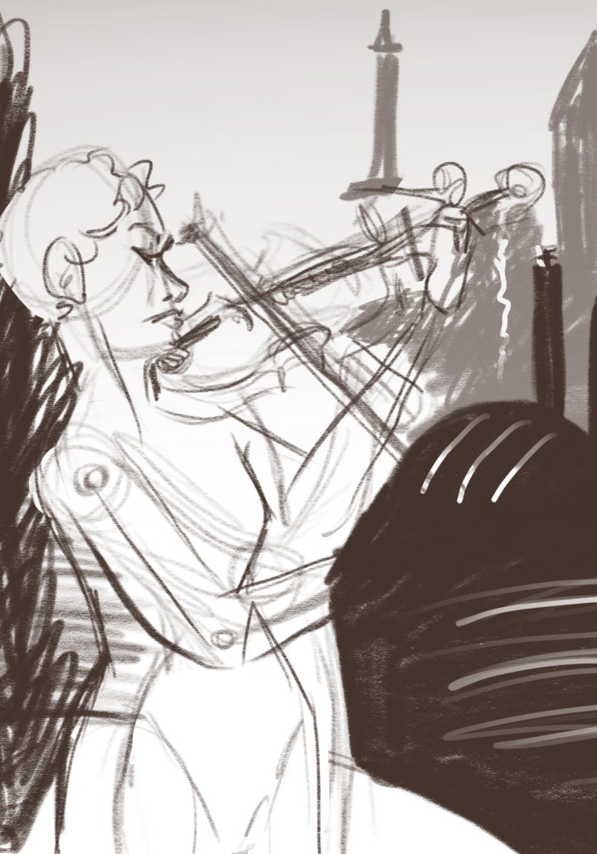 Rough sketch depicting a woman playing the violin in front of a city skyline.