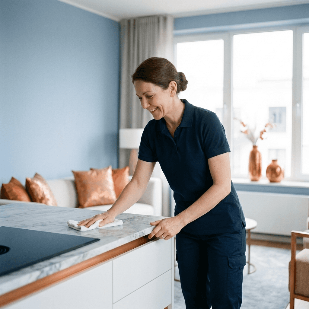 Une femme souriante en uniforme bleu marine nettoie avec enthousiasme un plan de travail en marbre clair, assurant un.