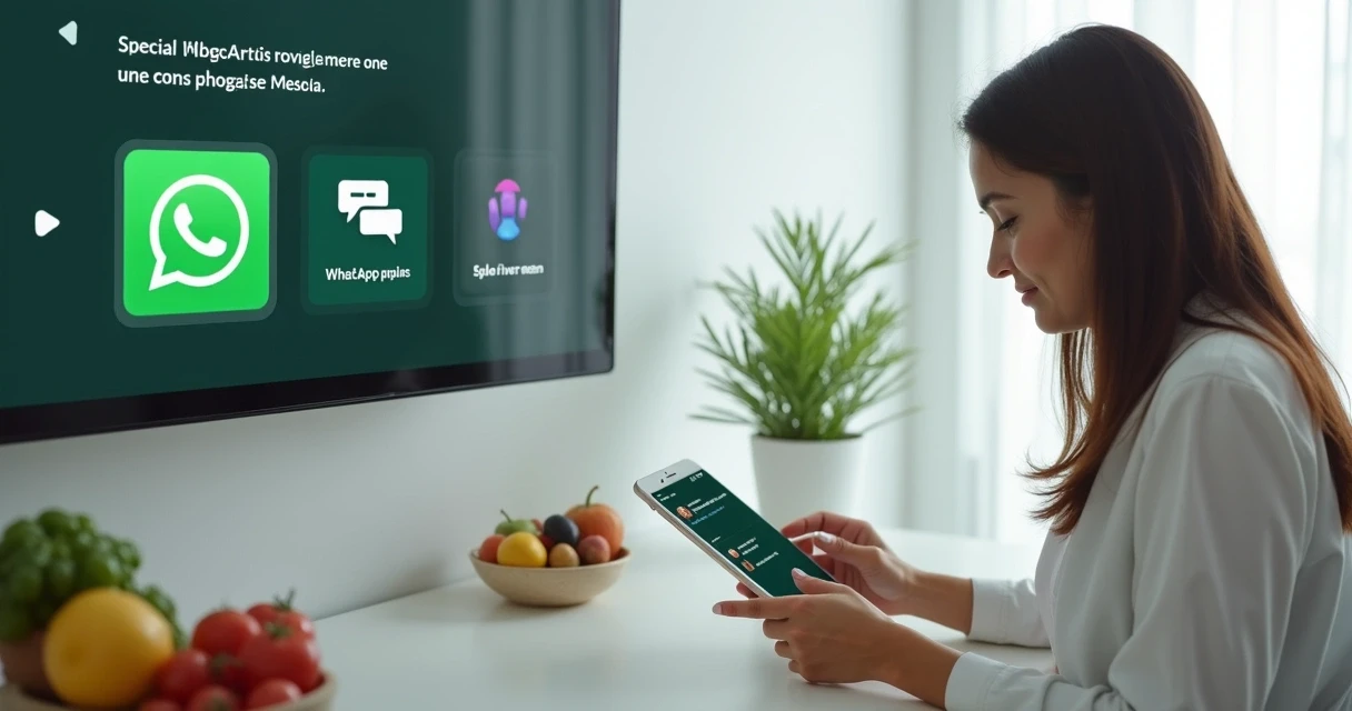 Nutricionista mexendo em tablet com telas de automação do WhatsApp ao fundo 