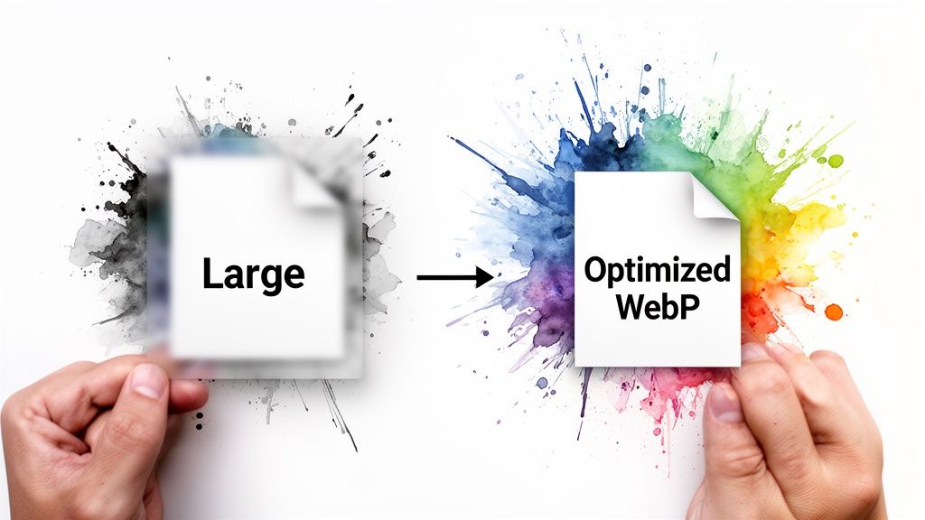 Hands holding papers illustrating 'Large' image transforming to 'Optimized WebP' with vibrant colors.