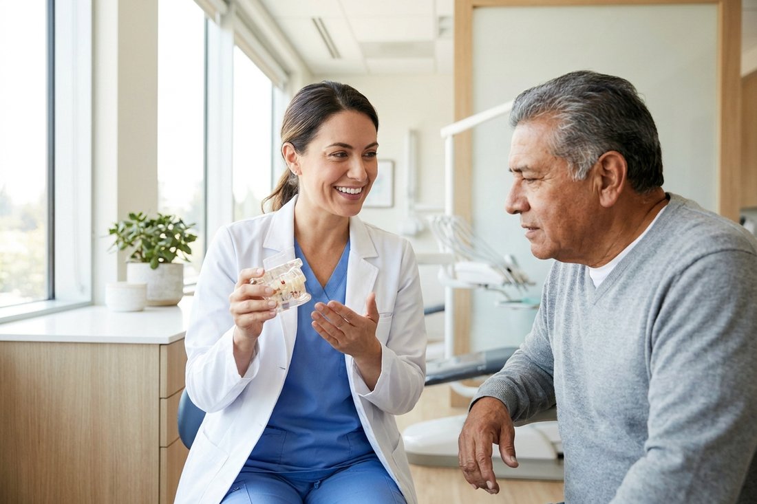Dentist explaining orthodontic options to a patient with a dental model