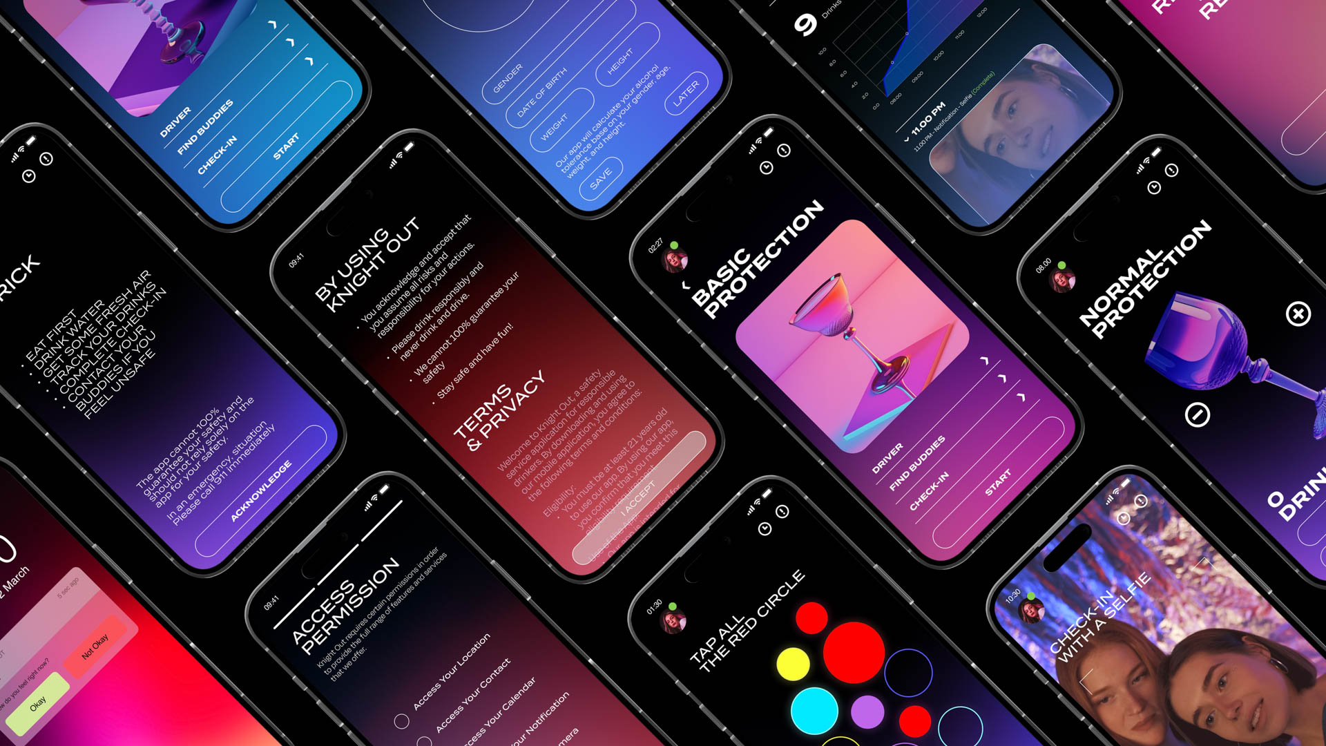 A grid of smartphones displays various colorful screens with text and graphics. The screens showcase different content, including safety tips, drink recommendations, normal protection advice, and social media interactions. The phones are arranged closely together, filling the frame.