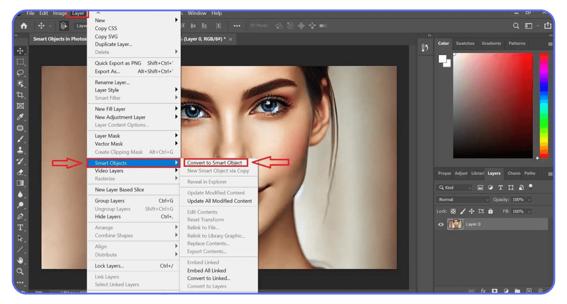Photoshop menu showing Convert to Smart Object option for a portrait image layer