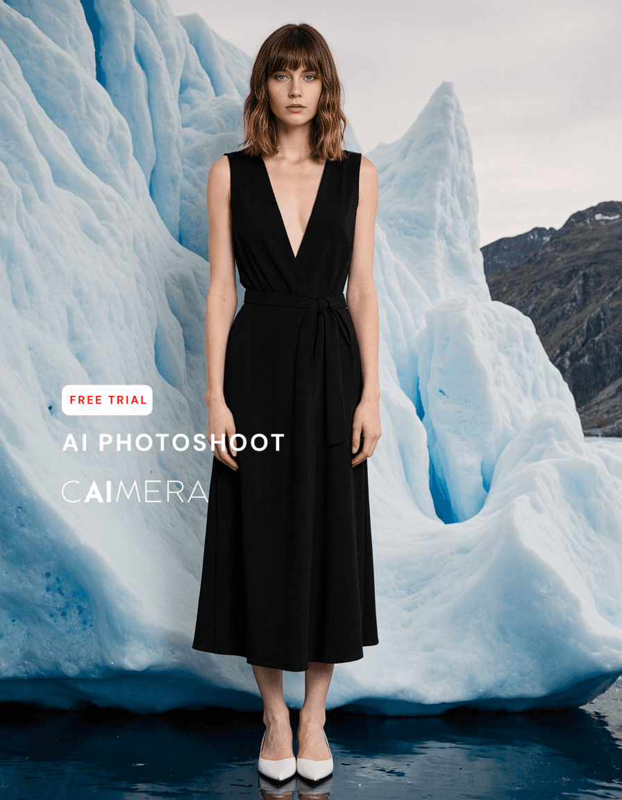 Elegant black wrap dress contrasted against stunning blue glacial ice formations, showcasing dramatic fashion photography in nature