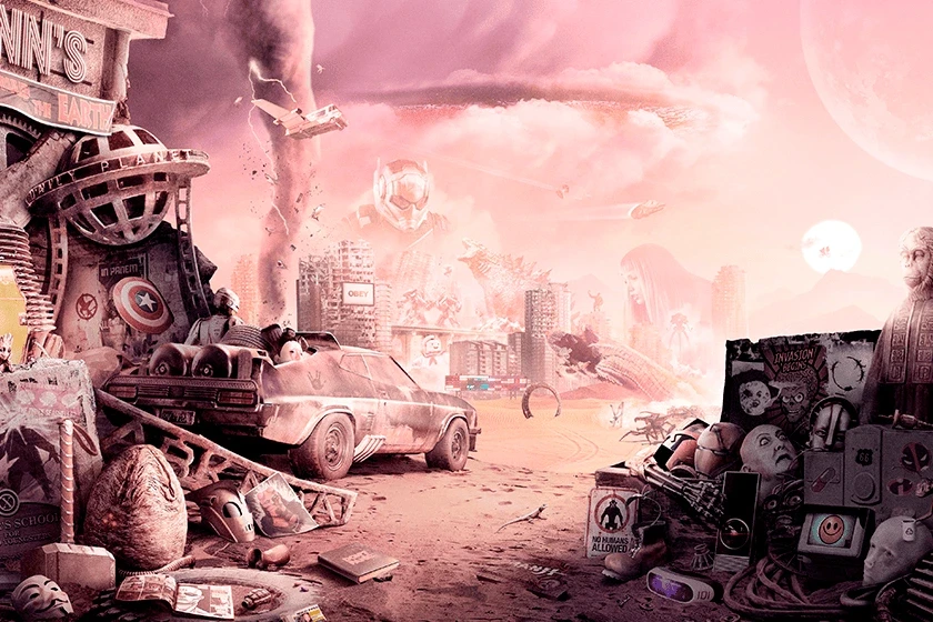 Décor d'un jeu PopCorn Garage, un univers apocalyptique rempli de références de films de Sciences Fiction à retrouver.