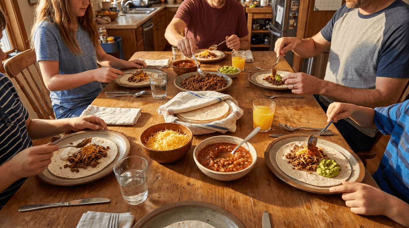 family dinner ideas taco night spread with toppings and hands reaching in
