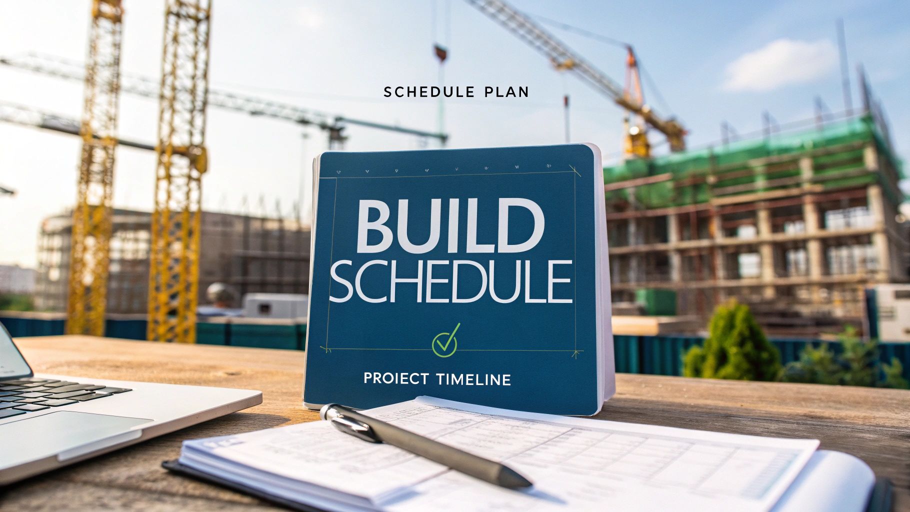 a blue sign reading 'build schedule' with a construction project in the background