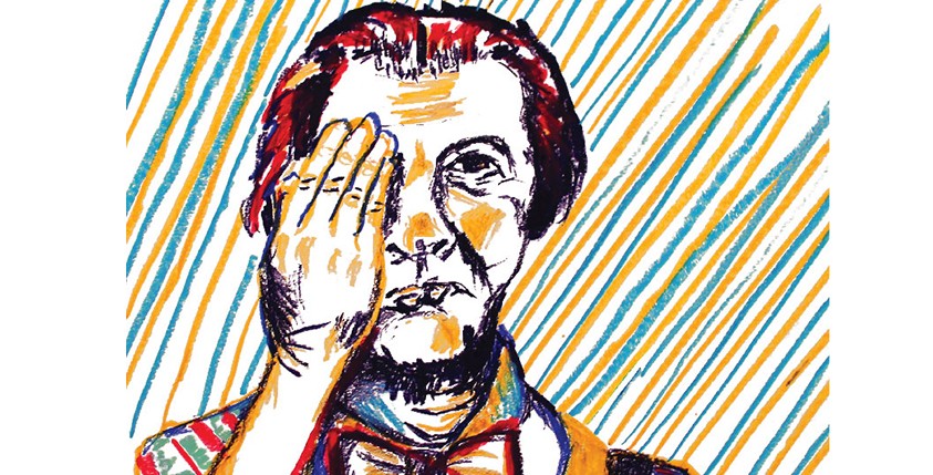 An image made with colored crayons that show a man with a hand over one eye.