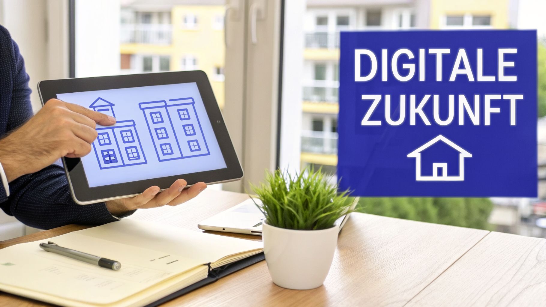 Mann zeigt auf Tablet mit Gebäuden, dahinter Schild 'DIGITALE ZUKUNFT' und Haussymbol.