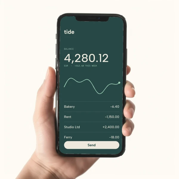 Hand holding a phone showing the Tide app