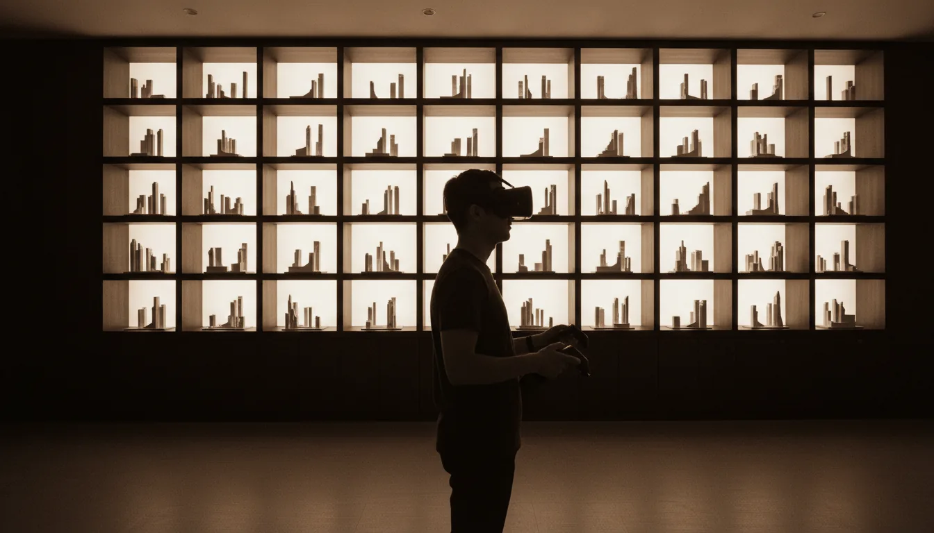 DSLR photograph of a person in profile wearing a black VR headset and holding controllers, standing in a dimly lit room. The subject is illuminated by a wall of built-in shelves, which are intensely backlit with a warm, diffused light. The dark wood shelves are filled with dozens of small, minimalist architectural models of modern skyscrapers. The entire scene is shot with cinematic contrast and a distinct warm sepia monochrome color palette, featuring a fine grain texture.