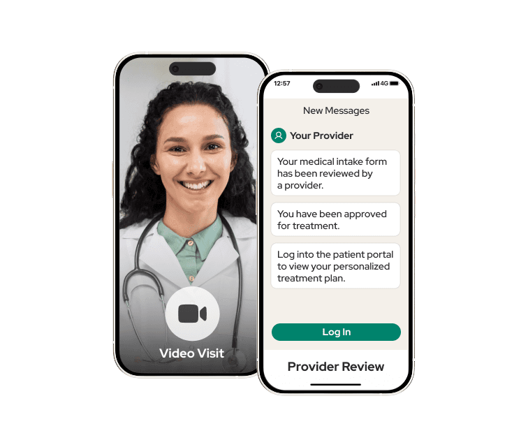 Female provider on a phone during a telehealth visit with another phone displaying messages.