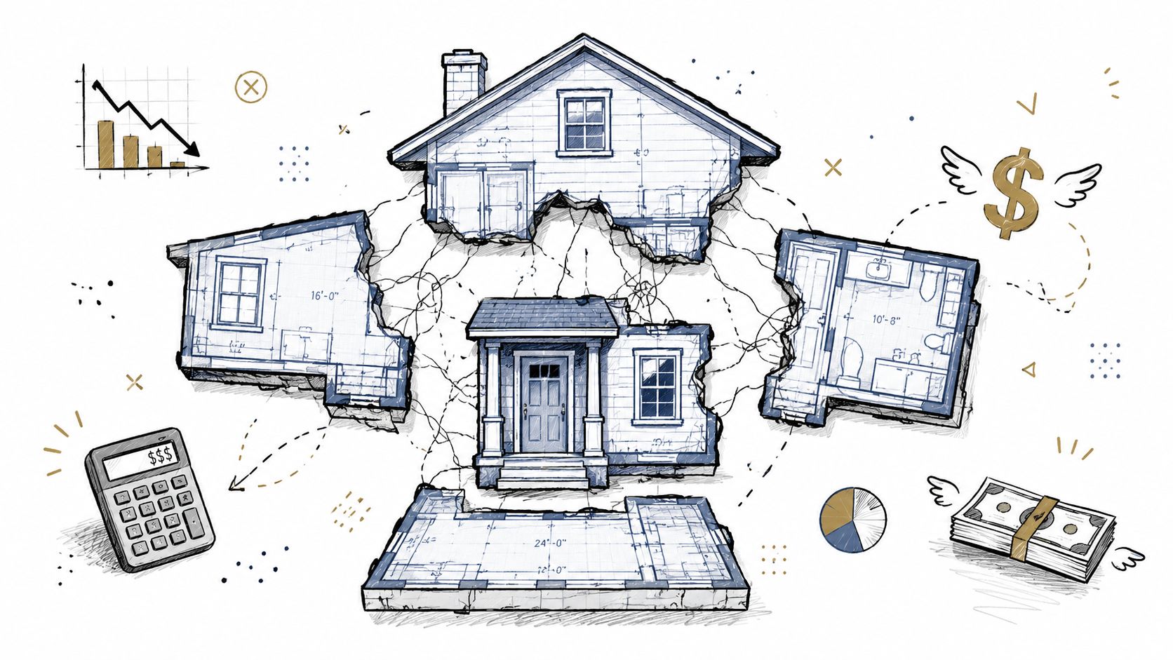 A fragmented house blueprint schematic floating around a calculator, money, and financial charts on a white background.