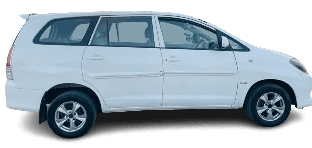 A white Toyota Innova minivan with tinted windows and alloy wheels, available for car rental in Hyderabad, displayed against a plain background, showing its left side profile.