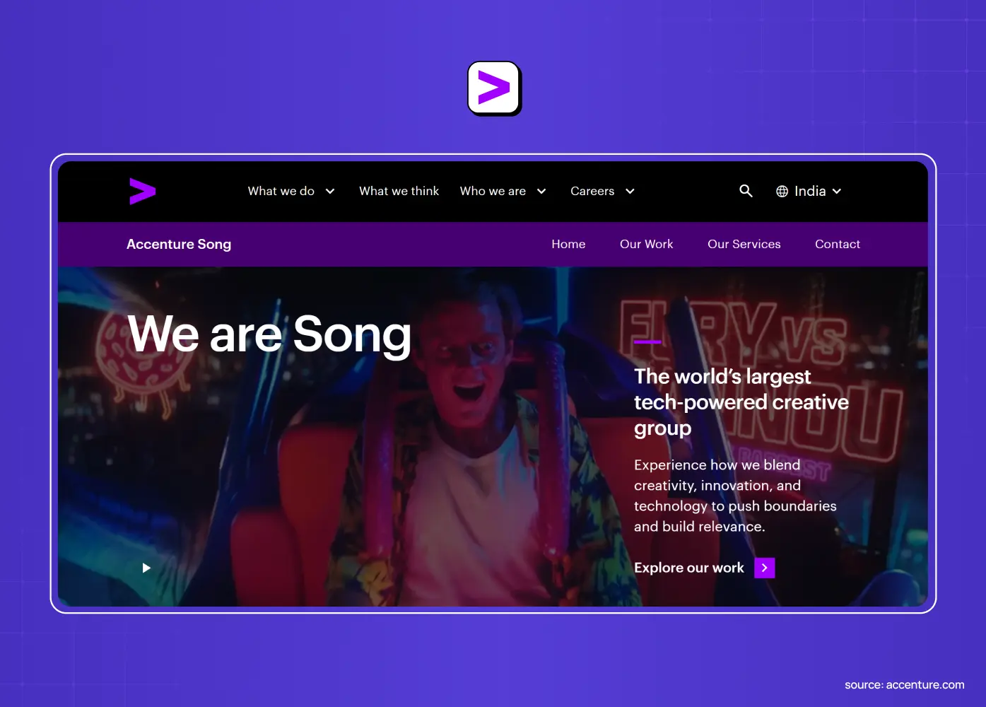 Accenture Song website featuring a colorful video hero section and the headline “We are Song,” describing a technology-powered creative group. 