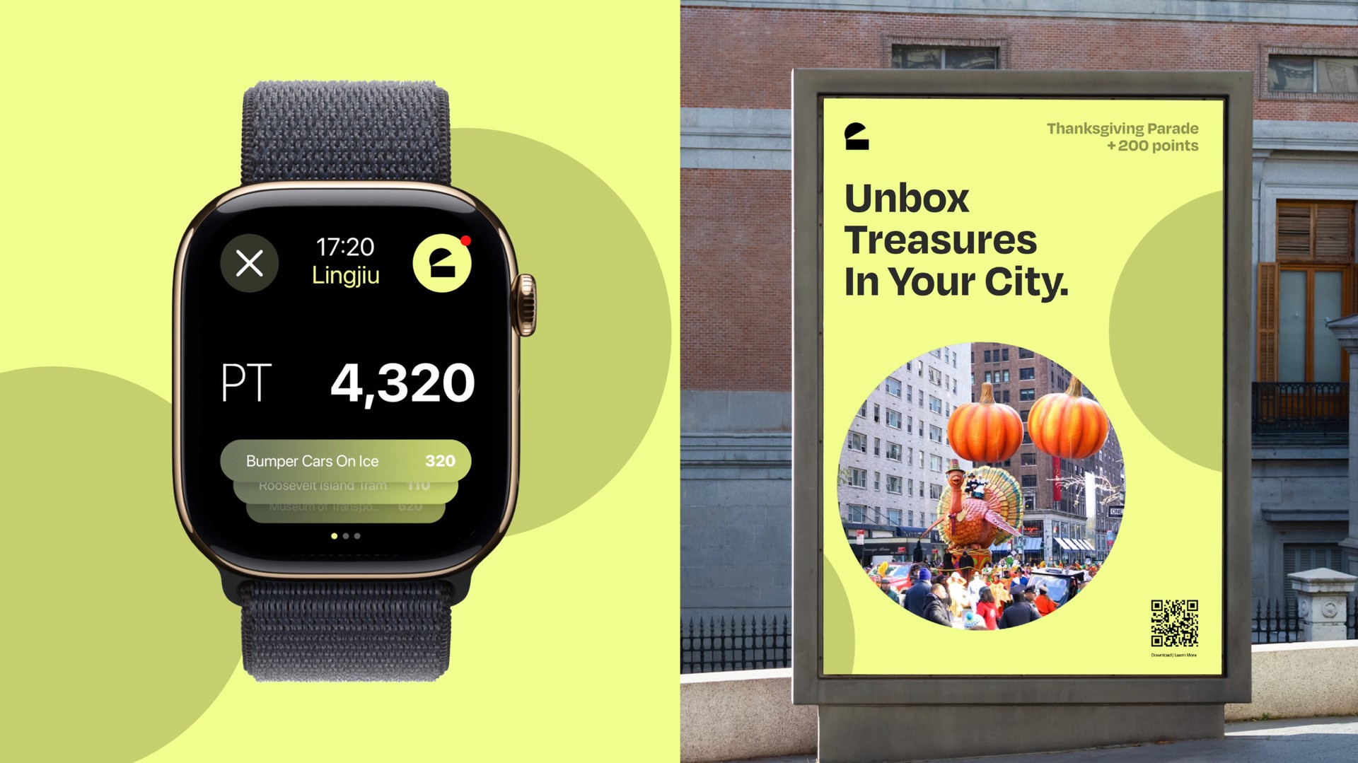 A dark gray smartwatch displays the time 17:20 and the location Lingjiu. The watch face shows "Bumper Cars On Ice" with a total of 320 miles traveled. The watch has a black band with a textured pattern. To the right, a yellow advertisement sign reads “Unbox Treasures In Your City,” featuring a circular image of an ornate building and a turkey sculpture with pumpkins.