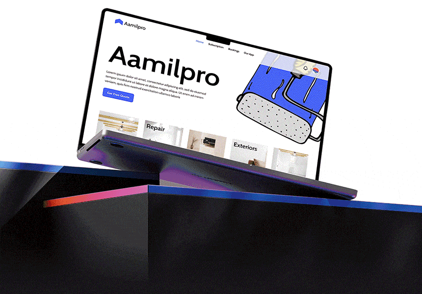 Animated laptop mockup showcasing the Aamilpro website design, featuring a clean layout with bold typography, service categories, and illustrated graphics.
