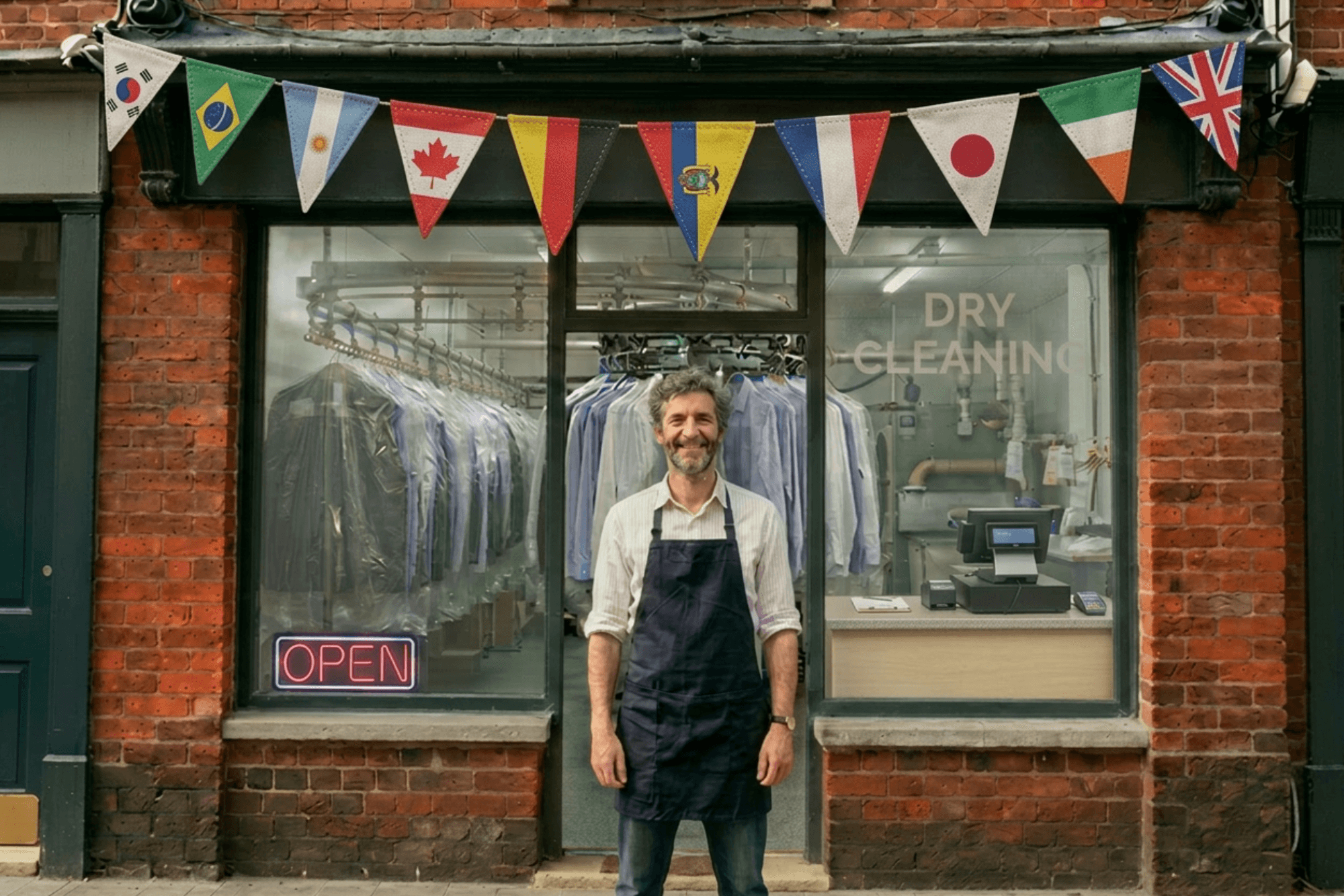 Man standing in front of dry cleaner smiling at the camera