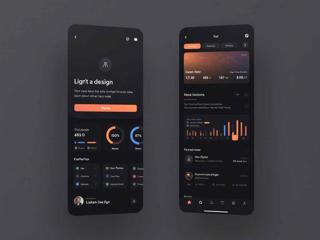 Two phone screens displaying a dark-themed app interface. The left screen shows a progress bar and statistics, while the right screen displays financial data and user profiles.