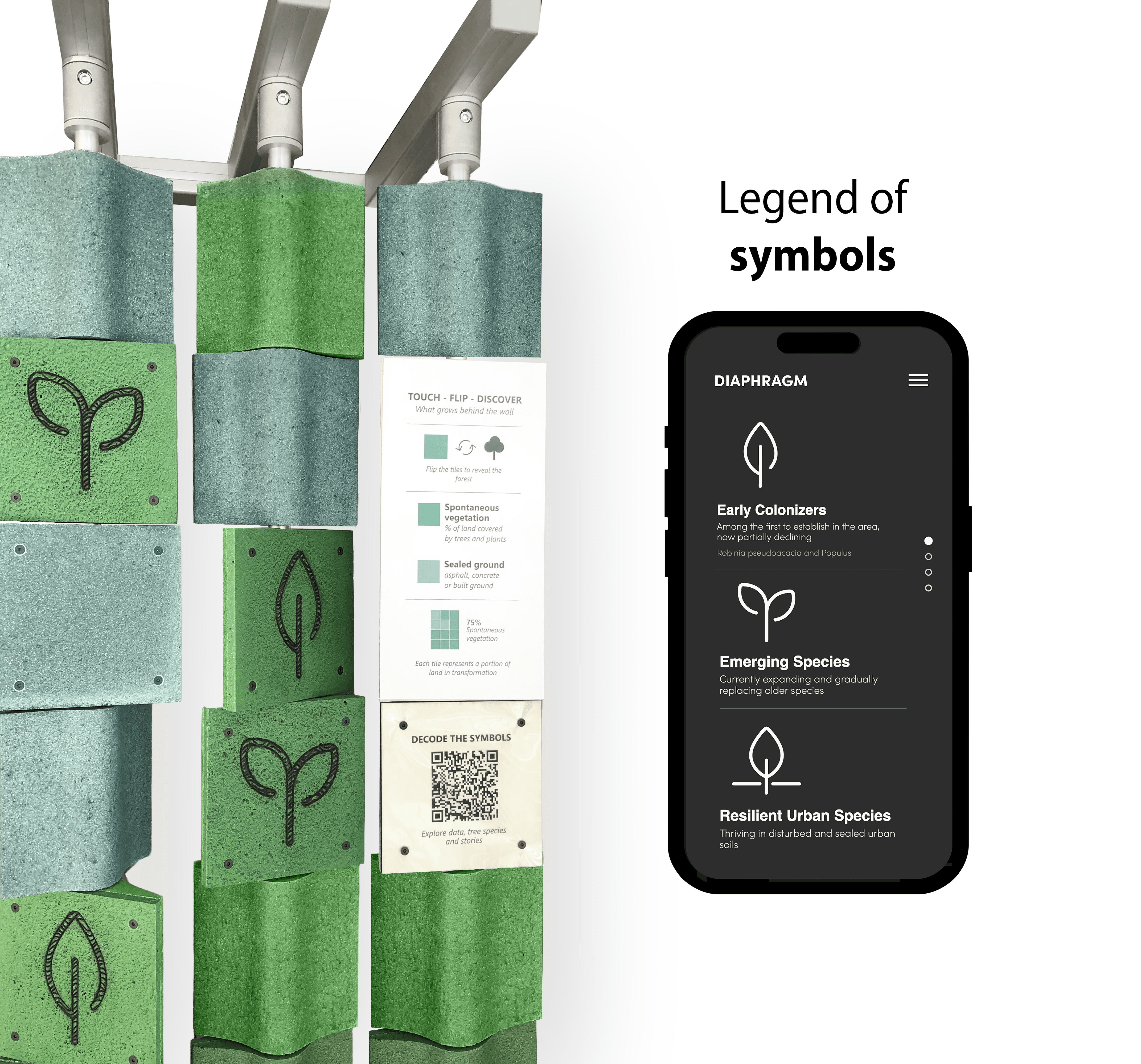 Mobile interface displaying the DIAPHRAGM digital legend explaining plant symbols and vegetation categories connected to the installation.